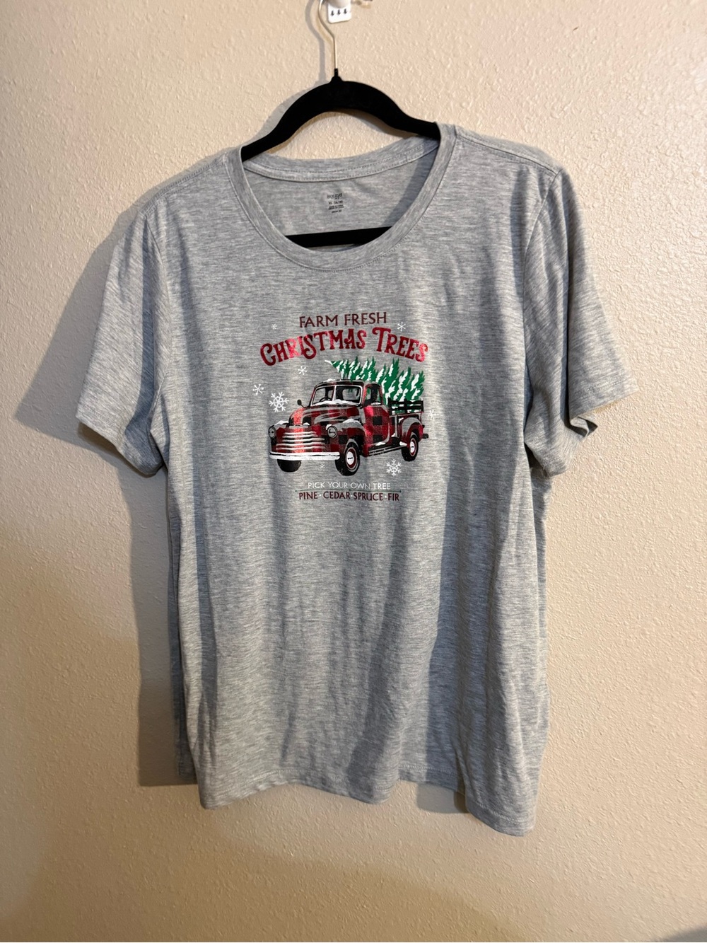Holiday Time Light Gray Graphic Tee with Red Truck and Green Trees Ladies XL